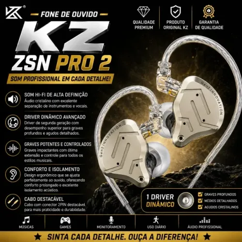Fone de Ouvido kz Zsn Pro Gold Sem Microfone