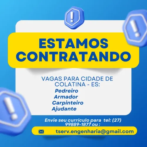 Vagas - Ajudante de obras, Carpinteiro, Armador e Pedreiro