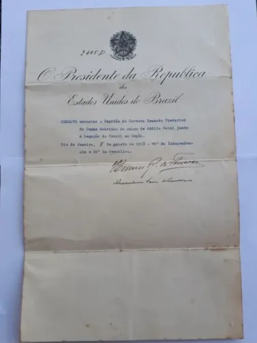 Documento Original de 1913 com Assinatura do Presidente Hermes da Fonseca 
