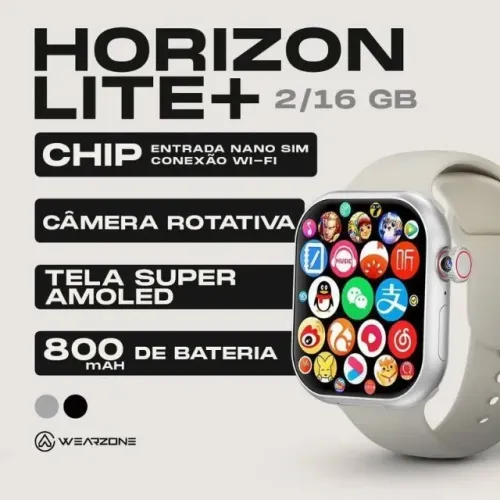 Smartwatch android Horizon Lite + 4G Câmera Rotatória | 2GB + 16GB | Celular de Pulso Slim