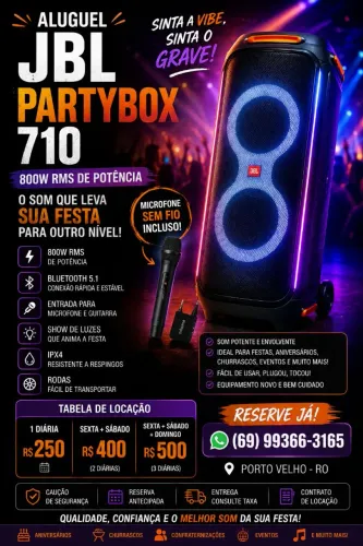 ALUGUEL JBL PARTYBOX 710 + MICROFONE - PORTO VELHO/RO