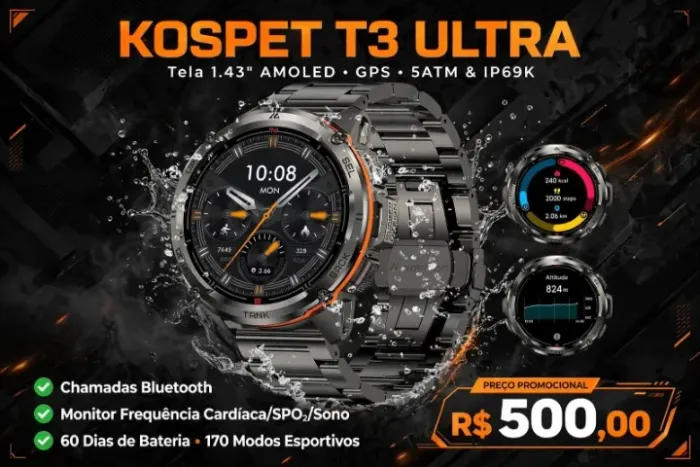 Kospet T3 Ultra Relogio Smartwatch Masculino,1.43"Amoled Relogio Esportivo Inteligente Gps