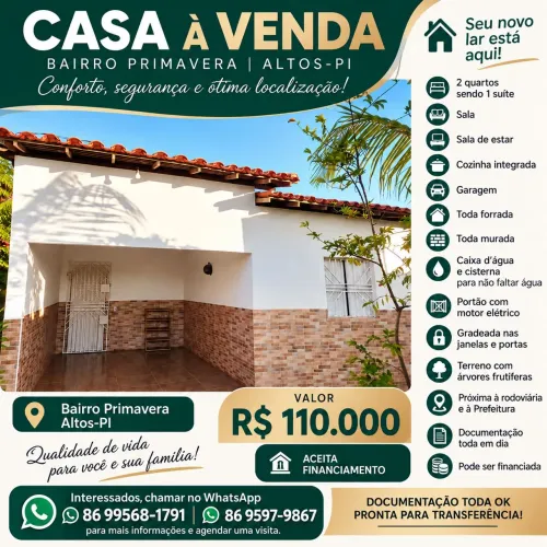 CASA À VENDA EM ALTOS-PI ? 300m² DE TERRENO + SUÍTE ? R$ 110 MIL!