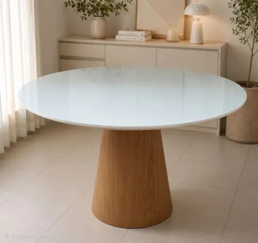 Mesa de Jantar Redonda Cone 120cm base freijo tampo laca + vidro
