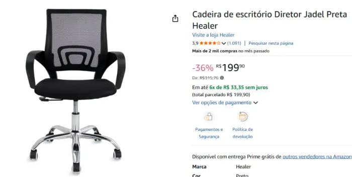 NOVO LACRADO - Cadeira de escritório Diretor Jadel Preta Healer - NOVO LACRADO