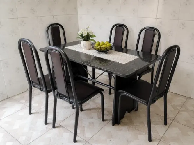 Conjunto De Mesa 140x75cm Tampo Granito Com 6 Cadeiras Lavínea
