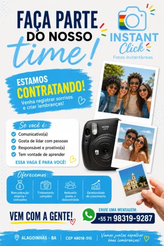 ? ESTAMOS CONTRATANDO! Faça parte da equipe da Instant Click Fotos Instantâneas