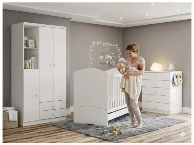 Quarto de Bebê Completo com Berço Cômoda e Guarda-roupa - Henn Bala de Menta Branco