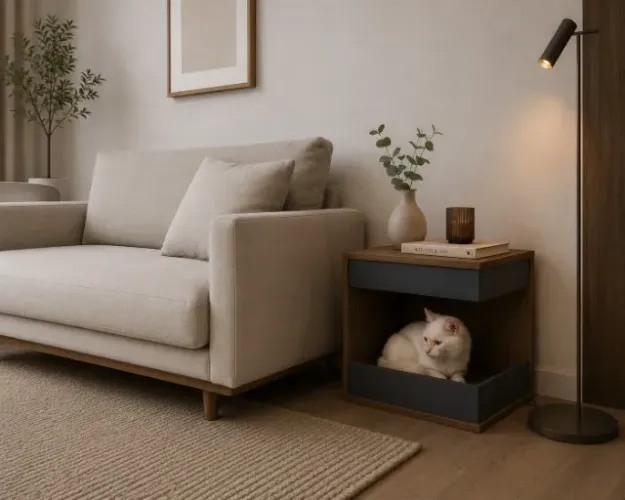 Mesa Lateral com Toca para Gato em MDF Amadeirado e Grafite - Novo 
