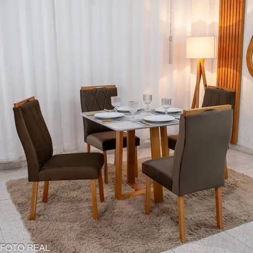 Mesa de Jantar Vidro Off/Base Madeira + 4 Cad. Lisboa Veludo Marrom rf32