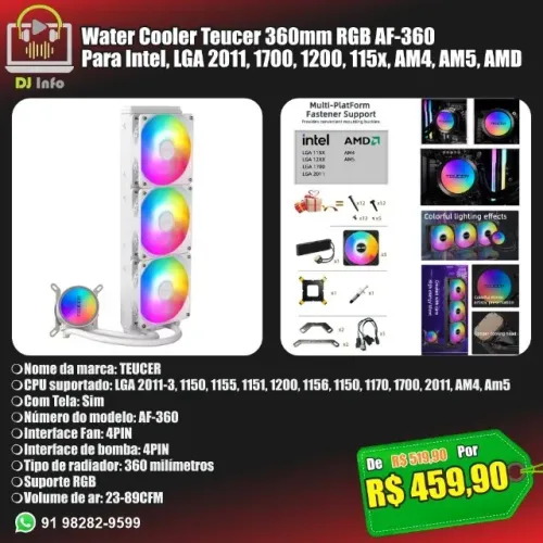 Water Cooler Teucer 360mm RGB AF-360 Para Intel, LGA 2011, 1700, 1200, 115x, AM4, AM5, AMD