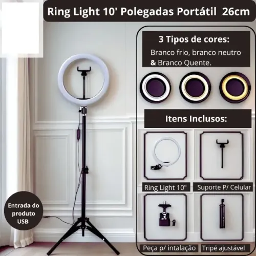 Ring Light Led 10 Polegadas 26cm Com Trípe De 1,75 Metros - R$ 99,99