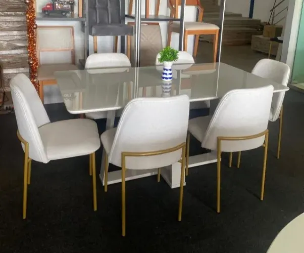 Mesa de Jantar Rubi 160x90cm c/ 6 Cadeiras Mônaco Tec. Linho Novo