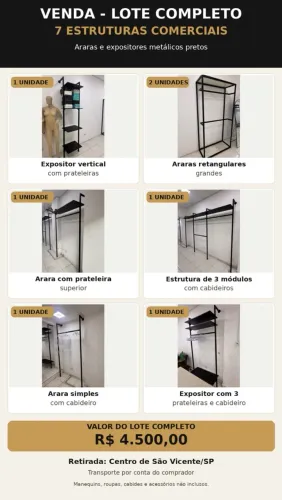 Lote com 7 Araras e Expositores Comerciais Metálicos Pretos