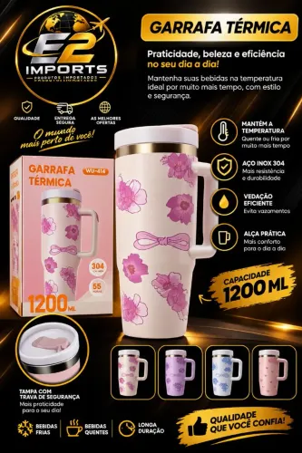 Garrafa Térmica 1200ml WU-414 - Inox 304 com Alça e Tampa com Trava | E2 Imports