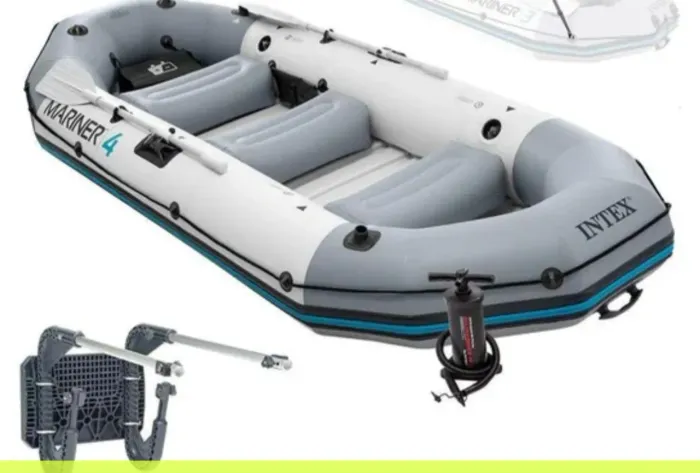 Bote Inflável Intex Mariner 4 Par Remos Bomba Capota Suporte Motor - Cinza