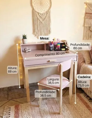 Escrivaninha Infantil Rosa com Gaveta + Cadeira