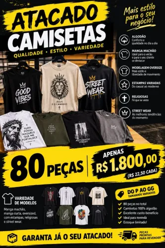 Kit com 80 camisetas masculinas variadas