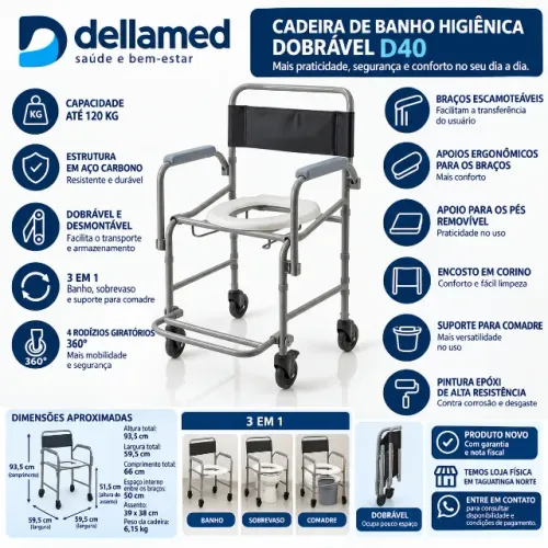Cadeira de Banho Dellamed D40 Dobrável até 120kg Nova