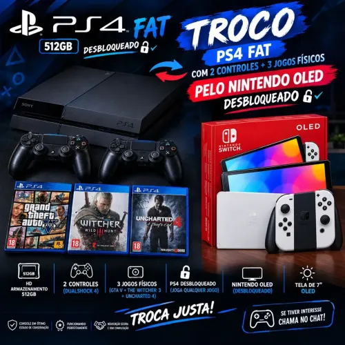 ? TROCO PS4 FAT 512GB + 2 CONTROLES + 3 JOGOS POR NINTENDO SWITCH OLED DESBLOQUEADO