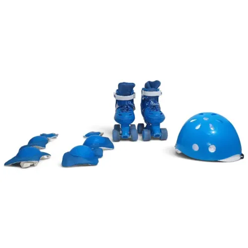 kit de patins infantil ajustável com acessórios de proteção e capacete azul.