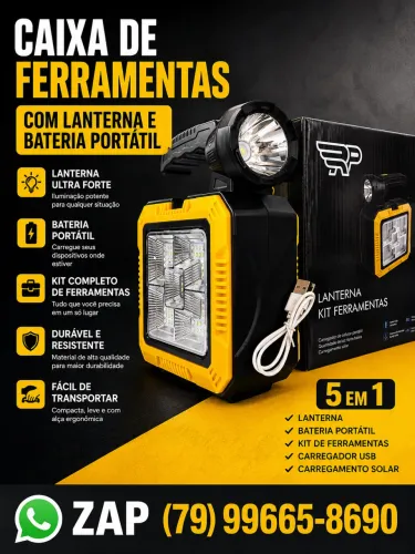 CAIXA DE FERRAMENTAS COM LANTERNA E BATERIA PORTATIL