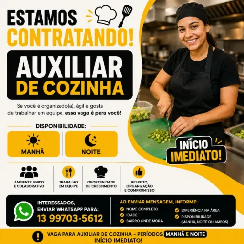 Auxiliar de cozinha CLT | Com experiencia | Precisa morar PG - Inicio Imediato
