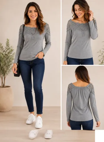 Blusa Feminina Manga Longa com Renda - Tam. M