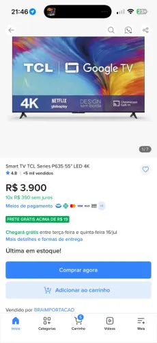 Smart TV TCL 55? 4K Google TV P635 HDR Wi-Fi Completa