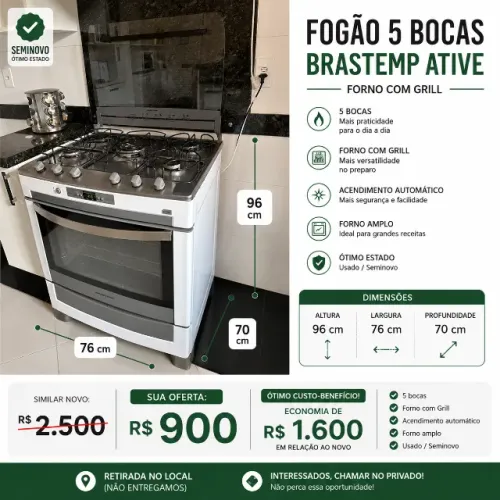 Fogão 5 Bocas Brastemp Ative com Grill - Excelente Estado