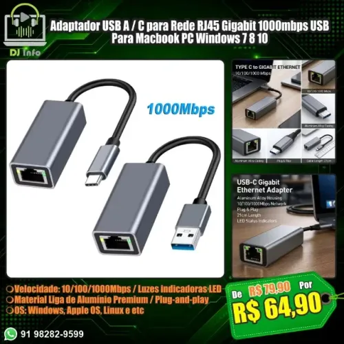 Adaptador USB A / C para Rede RJ45 Gigabit 1000mbps USB Macbook PC Windows 7 8 10