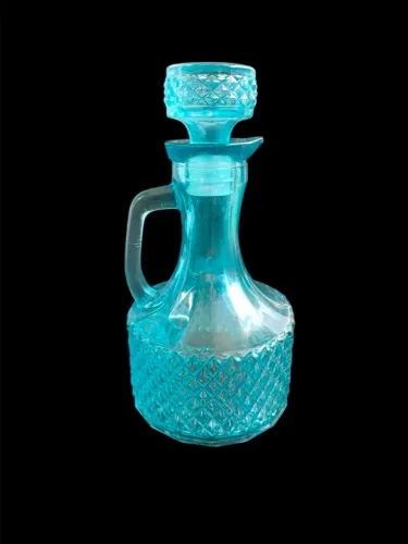 Elegante licoreira/galheteiro vintage, anos 70, azul-turquesa, padrão bico de jaca