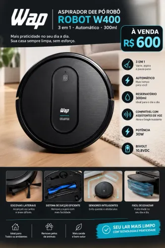 WAP Aspirador de Pó Robô ROBOT W400 3 em 1, Automático, 300ml