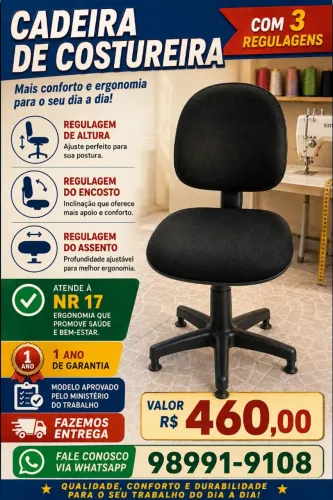 Cadeira costureira com 3 regulagem