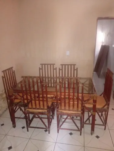 MESA CANA DA ÍNDIA COM TAMPO DE VIDRO GROSSO 6 CADEIRAS