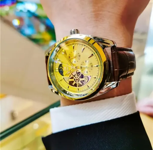 Relógio Automático Novo Pulseira Couro Masculino