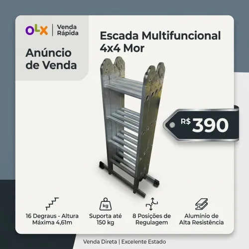 Escada Multifuncional Dobrável 4x4 Mor em Alumínio 16 Degraus (4,61m) - Excelente Estado