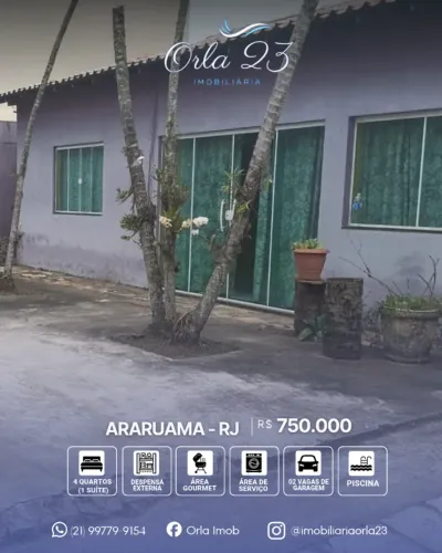 ARARUAMA, ORLA 23 IMOBILIÁRIA VENDE! EXCELENTE IMÓVEL COM DUAS CASAS EM UM SÓ TERRENO!