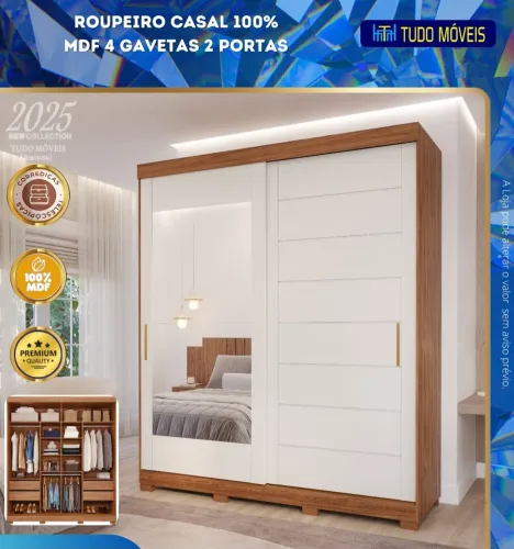 ROUPEIRO CASAL 100% MDF 2 PORTAS DE CORRER COM 4 GAVETAS