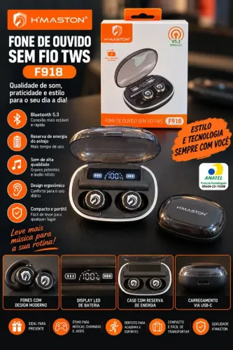 Fone Bluetooth H?Maston F918 TWS 5.3 com Display LED e Case - Novo