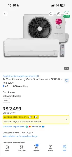 Ar Condicionado LG Voice Dual Inverter la 9000 Btu Frio 220v