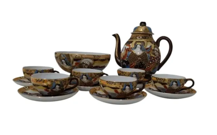 Antigo Jogo Xícaras Bule Biscoitera Porcelana Satsuma
