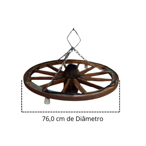 Luminária Rústica Madeira Bruta Roda Carroça Teto - Diâmetro 76cm