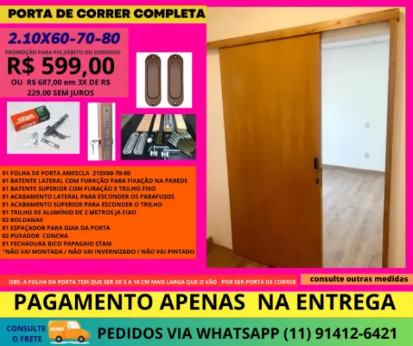 Porta de correr suspensa cód 522 - 2.10x70 completa - frete a/c