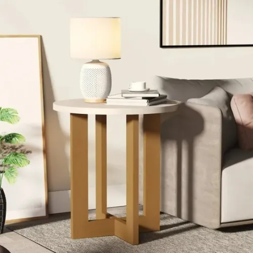 Mesa De Canto Lateral Redonda Com Pés Retrô Apoio - Em Oferta 