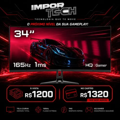 Monitor Gamer 34" Curvo 1ms, 165Hz, UltraWide (QHD) - 3440x1440 AMD FreeSync, HQ Premium.