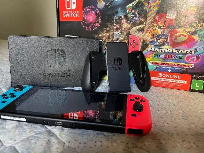 Nintendo Switch 1 + Cartão Sandisk 256GB + Super Kit com Case, Película, Caixa de jogos