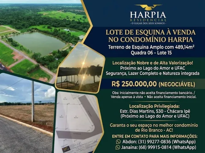 Lote de esquina 489m² - condomínio Harpia
