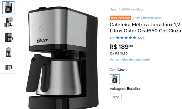 Cafeteira Oster Inox, 1,2L, 110V, Preto/Inox, 750W, OCAF600