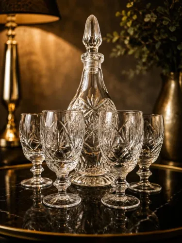 Conjunto de Cristal Lapidado para Vinho - Garrafa Grande + 4 Taças Elegantes